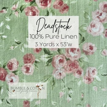 Linen Deadstock Yardage || Vintage Floral on Green 