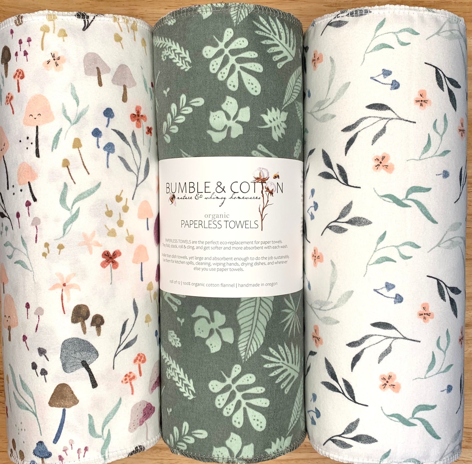ORGANIC Trio Paperless Towels ||Mushrooms & Botanicals || Unpaper Towels || GOT Certified 12x12 Sheets || Eco-Friendly Gift