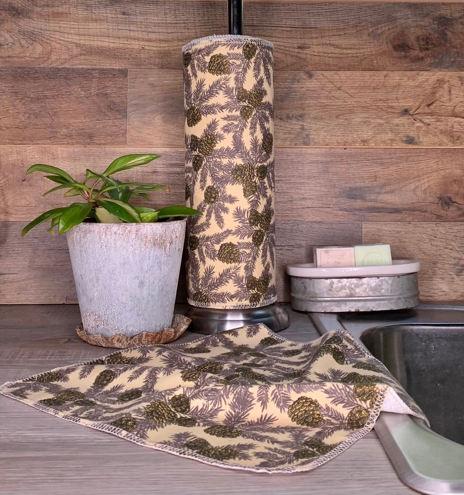 Pinecones & Branches 12x12 Paperless Towels || Reusable Paper Towels || Eco Kitchen Botanical Gift || Classic Collection