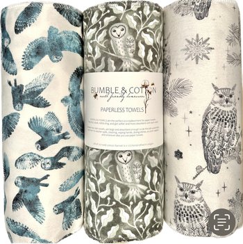 Owl Trio Paperless Towels || Reusable Paper Towels || Eco Kitchen Gift 12x12 Sheets || Classic Collection